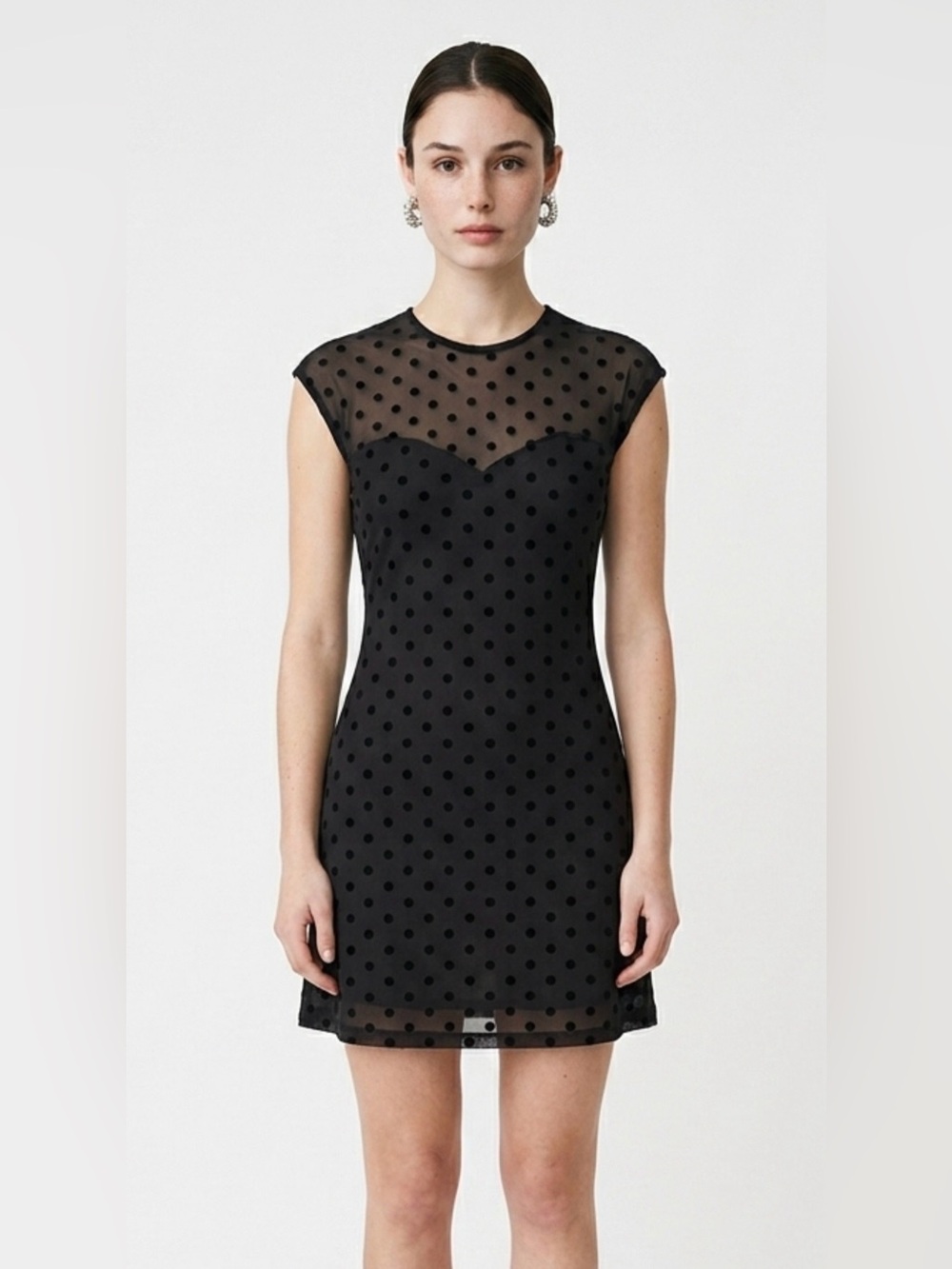 Black Polka Dot Mesh Yoke Cap Sleeve Lined Dress